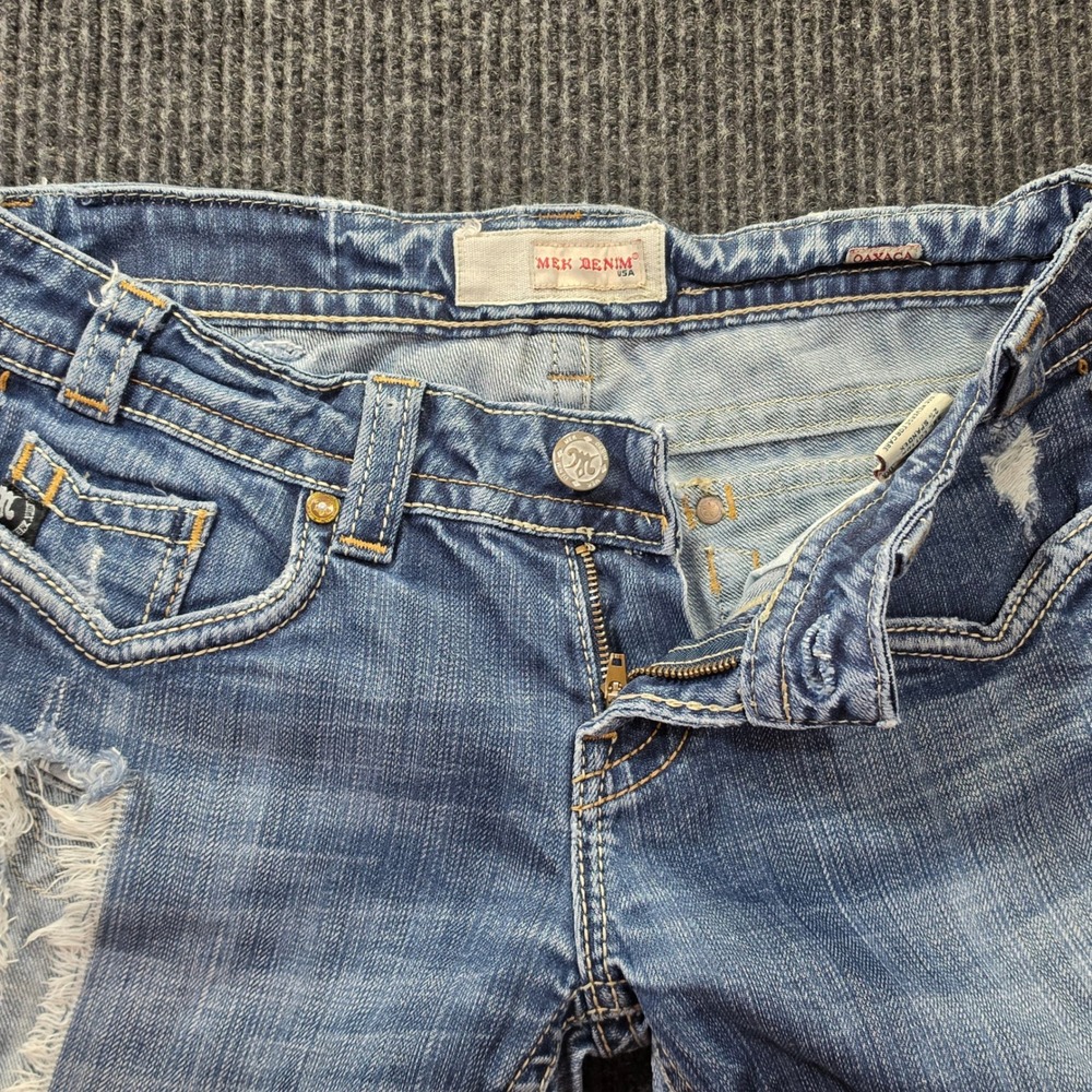 MEK Denim Oaxaca Jeans Mens 28x34 Blue Good Distressed Thick Stitch Straight